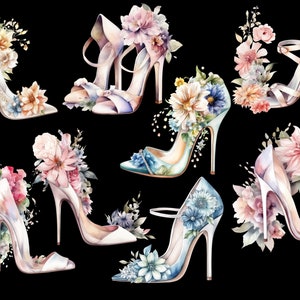 Puede incluir: Una colecci&oacute;n de siete zapatos de tac&oacute;n alto decorados con flores de colores. Los zapatos son de diferentes estilos y colores, y todos est&aacute;n adornados con delicados arreglos florales.