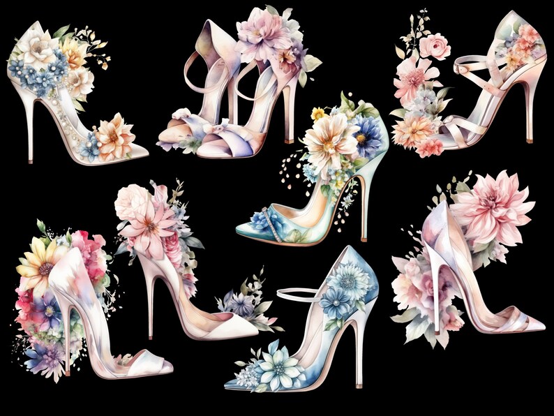 Puede incluir: Una colecci&oacute;n de siete zapatos de tac&oacute;n alto decorados con flores de colores. Los zapatos son de diferentes estilos y colores, y todos est&aacute;n adornados con delicados arreglos florales.