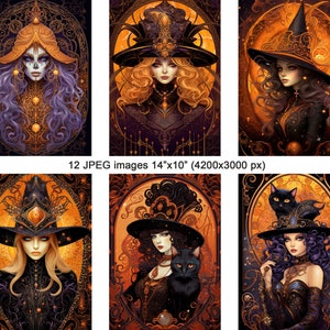 May include: A set of 12 digital illustrations featuring witches in ornate frames with a Halloween theme. Each image is 14 inches by 10 inches and has a resolution of 4200 by 3000 pixels.