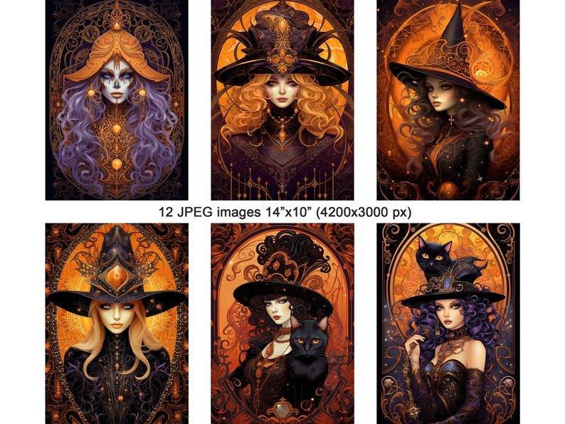 May include: A set of 12 digital illustrations featuring witches in ornate frames with a Halloween theme. Each image is 14 inches by 10 inches and has a resolution of 4200 by 3000 pixels.