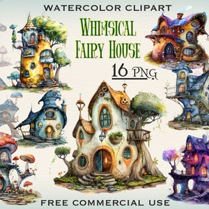 Whimsical Fairy House PNG Bundle, Cute little house watercolor clipart, Fairy cottagecore clipart, Fantasy clipart, Fairy tale clipart