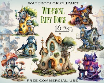 Whimsical Fairy House PNG Bundle, Cute little house watercolor clipart, Fairy cottagecore clipart, Fantasy clipart, Fairy tale clipart