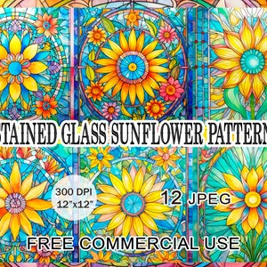 Stained glass sunflower pattern clipart, Colorful styled floral artwork bundle, Art nouveau printable images pack, Free commercial use
