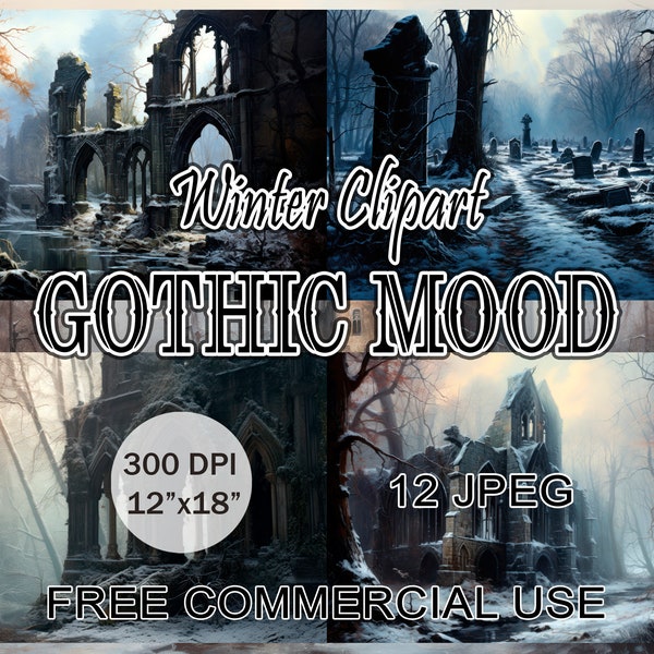 Gothic mood clipart, Winter snow forest landscape images, Gothic aesthetic art bundle, Gothic architecture in the woods, Free commercial use