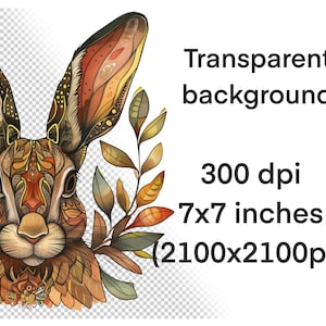 May include: A detailed illustration of a rabbit's face with intricate patterns in shades of brown, orange, and gold. The rabbit is surrounded by stylized leaves in autumnal colors.