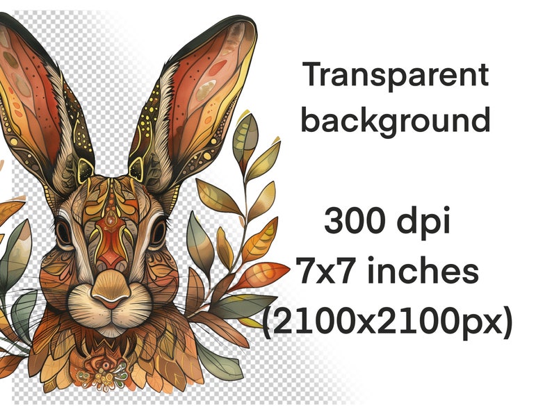 May include: A detailed illustration of a rabbit's face with intricate patterns in shades of brown, orange, and gold. The rabbit is surrounded by stylized leaves in autumnal colors.