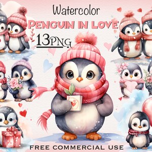 Paquete PNG de pingüinos de San Valentín, descarga de pingüinos de San Valentín, clipart de pingüinos de acuarela, png del día de San Valentín, png de San Valentín, clipart de San Valentín