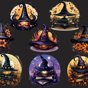 May include: A collection of stylized illustrations featuring witch hats. Each hat is depicted in a unique design, with varying colors, floral accents, and celestial backgrounds. The hats are the central focus, perfect for Halloween or fantasy themes.