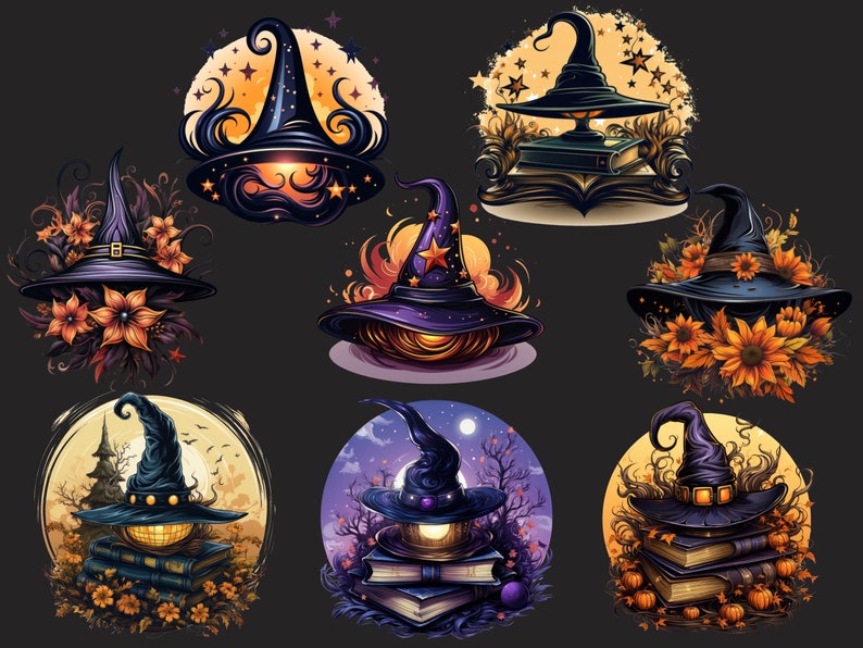 May include: A collection of stylized illustrations featuring witch hats. Each hat is depicted in a unique design, with varying colors, floral accents, and celestial backgrounds. The hats are the central focus, perfect for Halloween or fantasy themes.