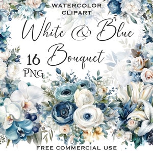 Weiß und Blau Blumenstrauß Clipart, Aquarell Ranunkel Lilie Rose Gänseblümchen Orchidee Blumenarrangement für Collage etc, freie kommerzielle Nutzung