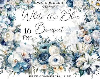 White and Blue flower bouquet clipart, Watercolor ranunculus lily rose daisy orchid flower arrangement for collage etc, Free commmercial use