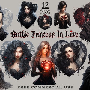 May include: Twelve digital illustrations of gothic princesses in love. Each princess is depicted with dark hair, wearing a black dress and holding a red heart. The images are set against a gray background with the text "Gothic Princess In Love" and "Free Commercial Use".
