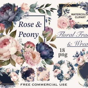 Blumenrahmen PNG Bundle, Blumenkranz PNG, Aquarell Pfingstrosen Clipart, rosa Rose PNG, blaue Pfingstrose PNG, Pfingstrosen Rahmen png, Blumen png