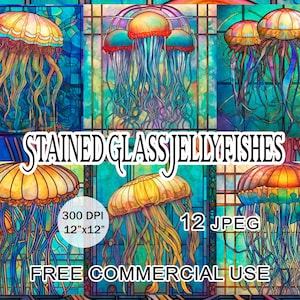 Buntglas Quallen Clipart, Buntglas Clipart, Meerestiere Clipart, Ozean Thema druckbare Kunst, Stain Glas Muster Qualle