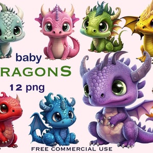 May include: Twelve digital illustrations of cute baby dragons in various colours, including green, pink, purple, blue, red, yellow, and orange. The dragons have large eyes and are sitting in different poses. The text "baby DRAGONS 12 png FREE COMMERCIAL USE" is at the bottom of the image.