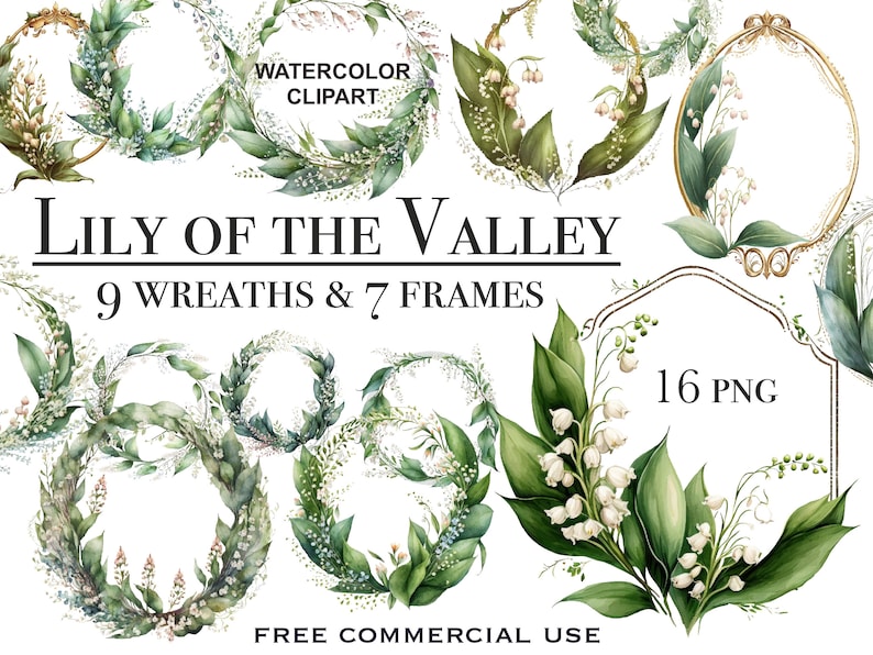 Pu&ograve; includere: Clipart ad acquerello di ghirlande e cornici di mughetto. Ci sono 9 ghirlande e 7 cornici, per un totale di 16 file PNG. Il testo "WATERCOLOR CLIPART" e "LILY OF THE VALLEY" &egrave; incluso nell'immagine. Il testo "9 WREATHS & 7 FRAMES" e "16 PNG" &egrave; anche incluso nell'immagine. Il testo "FREE COMMERCIAL USE" &egrave; nella parte inferiore dell'immagine.