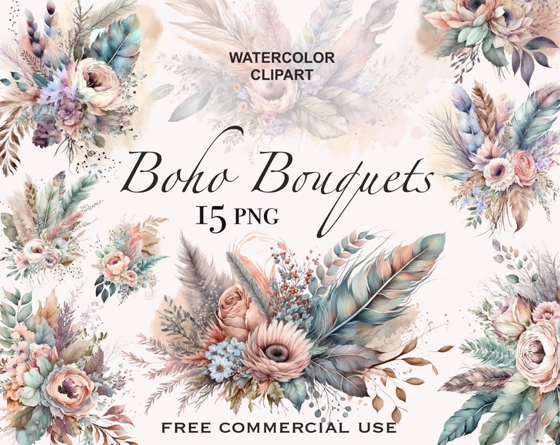 May include: A set of 15 watercolor boho bouquets with feathers, flowers, and leaves in shades of pink, blue, and brown. The bouquets are perfect for adding a touch of bohemian style to your designs. "Boho Bouquets 15 PNG" is written in the center of the image.