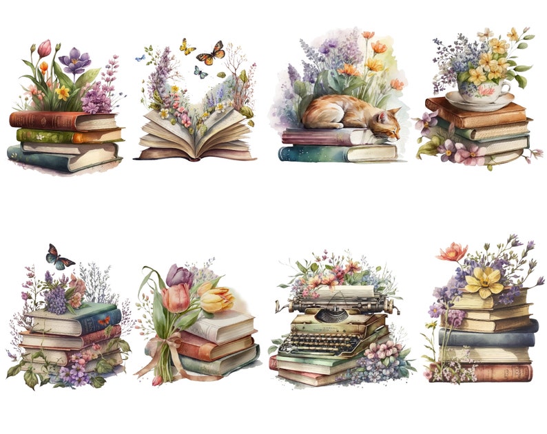 May include: A watercolor illustration of eight stacks of books with various flowers and other decorative elements. The stacks of books include a book with a cat sleeping on top, a book with butterflies flying around it, a book with a teacup and saucer on top, a book with a typewriter on top, and a book with a bouquet of tulips on top.