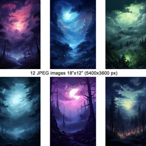 May include: Six digital art prints of a moonlit forest with a variety of colors and cloud formations. The prints are 18 inches by 12 inches.
