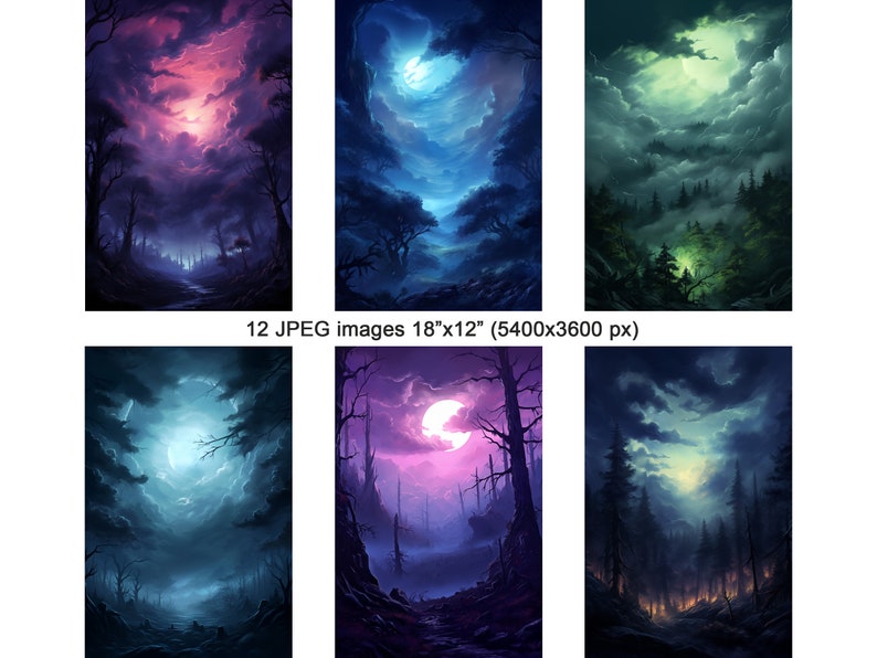 May include: Six digital art prints of a moonlit forest with a variety of colors and cloud formations. The prints are 18 inches by 12 inches.