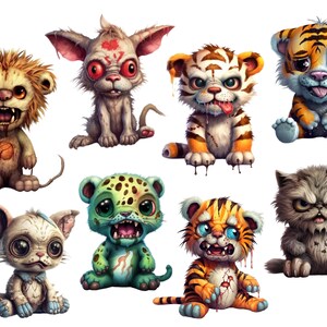 Peut inclure: Une collection de huit illustrations d'animaux de dessin anim&eacute;. Les animaux sont un lion, un chat, un tigre, un l&eacute;opard et trois chiens. Les animaux sont tous dessin&eacute;s dans un style de dessin anim&eacute; mignon avec des traits exag&eacute;r&eacute;s. Ils sont tous dans diverses poses, certains sont assis, certains sont debout et certains sont couch&eacute;s. Les animaux sont tous de couleurs vives et ont une vari&eacute;t&eacute; d'expressions sur leurs visages.