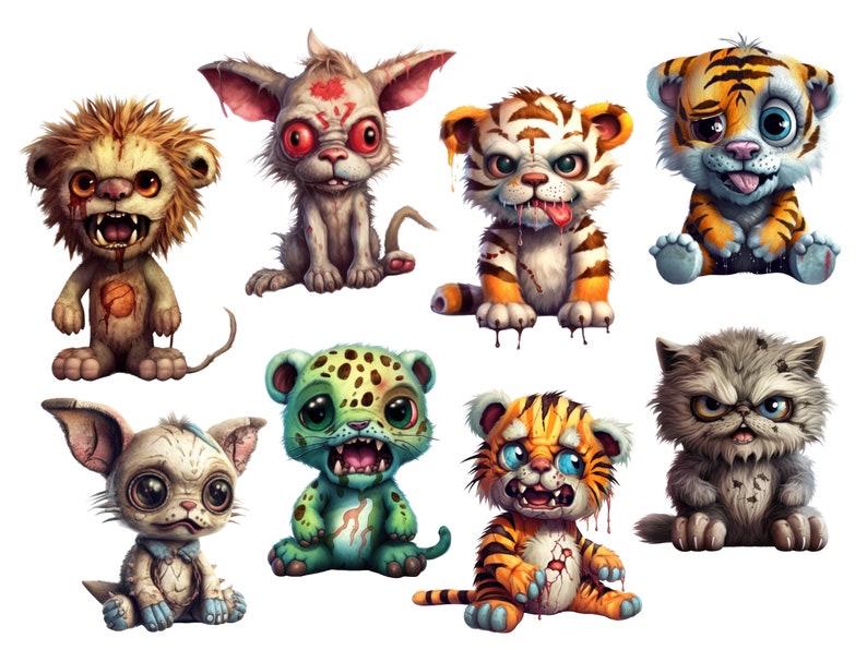 Peut inclure: Une collection de huit illustrations d'animaux de dessin anim&eacute;. Les animaux sont un lion, un chat, un tigre, un l&eacute;opard et trois chiens. Les animaux sont tous dessin&eacute;s dans un style de dessin anim&eacute; mignon avec des traits exag&eacute;r&eacute;s. Ils sont tous dans diverses poses, certains sont assis, certains sont debout et certains sont couch&eacute;s. Les animaux sont tous de couleurs vives et ont une vari&eacute;t&eacute; d'expressions sur leurs visages.