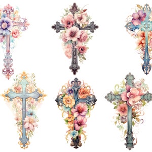 May include: Six watercolor illustrations of ornate crosses adorned with colorful flowers. The crosses are painted in shades of blue, gold, and pink, and the flowers are a mix of pink, purple, and yellow.