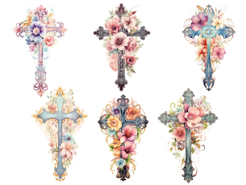 May include: Six watercolor illustrations of ornate crosses adorned with colorful flowers. The crosses are painted in shades of blue, gold, and pink, and the flowers are a mix of pink, purple, and yellow.
