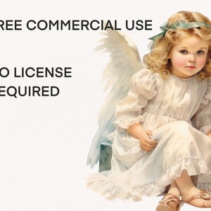 Puede incluir: Ilustraci&oacute;n en acuarela de un joven &aacute;ngel con cabello rubio rizado, vestido con un vestido blanco y sandalias, y adornado con alas y un lazo verde. La imagen incluye el texto "FREE COMMERCIAL USE" y "NO LICENSE REQUIRED".