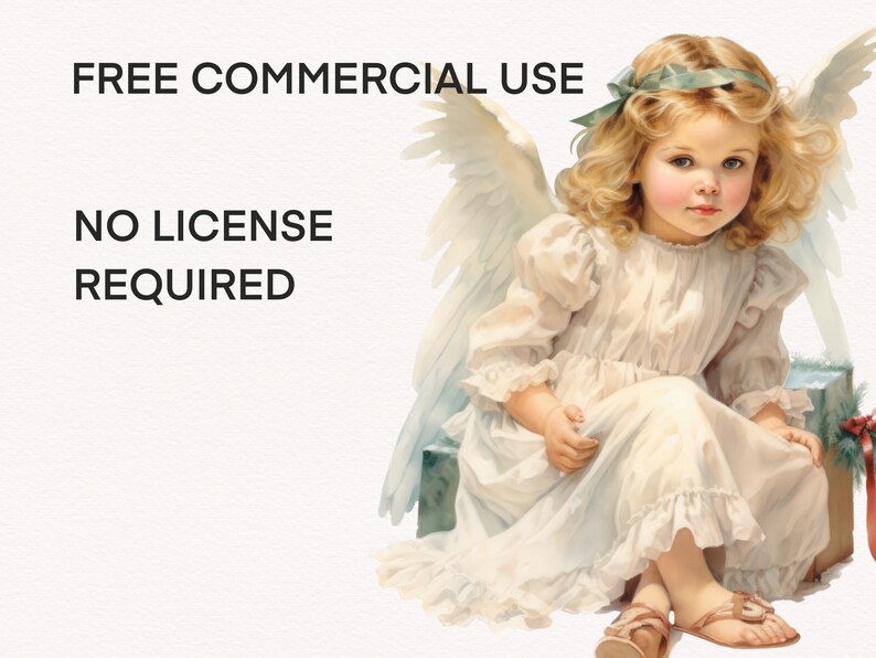 Puede incluir: Ilustraci&oacute;n en acuarela de un joven &aacute;ngel con cabello rubio rizado, vestido con un vestido blanco y sandalias, y adornado con alas y un lazo verde. La imagen incluye el texto "FREE COMMERCIAL USE" y "NO LICENSE REQUIRED".
