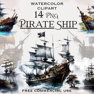 Aquarel piratenschip clipart, nautisch avontuur piratenschepen png-bundel, pakket digitale illustraties oceaanthema, Gratis commercieel gebruik