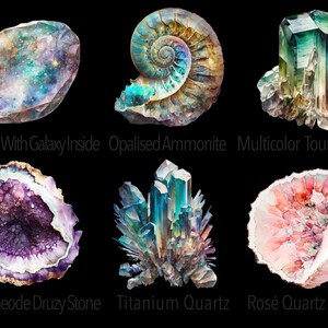 May include: Six different types of gemstones, including a purple geode druzy stone, a titanium quartz, a rose quartz geode, a luz opal with galaxy inside, an opalised ammonite, and a multicolor tourmaline.