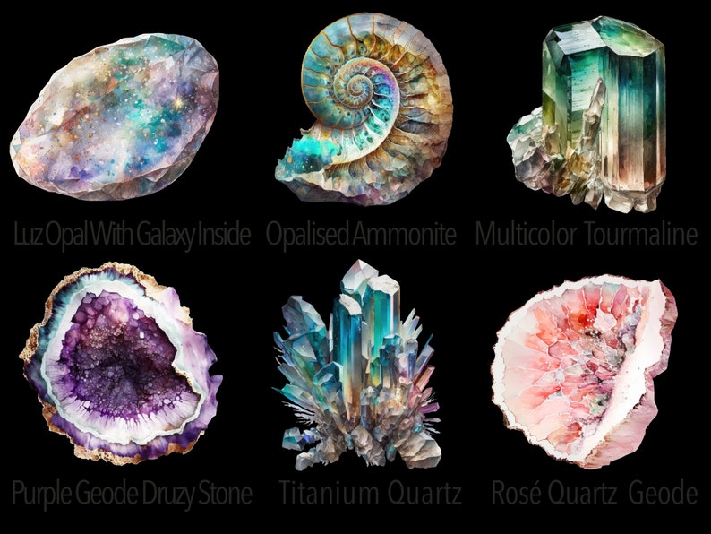 May include: Six different types of gemstones, including a purple geode druzy stone, a titanium quartz, a rose quartz geode, a luz opal with galaxy inside, an opalised ammonite, and a multicolor tourmaline.