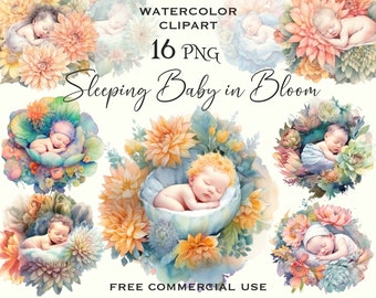 Floral baby shower bundle, Baby in bloom shower invite, Flower sleeping baby png, Baby in bloom shower, Watercolor baby shower clipart