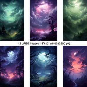May include: A set of 6 digital art prints featuring a variety of landscapes with a moon and clouds in the sky. The landscapes are a mix of forests, fields, and rivers. The colors are mostly dark blues, purples, and greens.