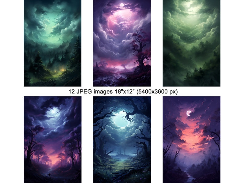 May include: A set of 6 digital art prints featuring a variety of landscapes with a moon and clouds in the sky. The landscapes are a mix of forests, fields, and rivers. The colors are mostly dark blues, purples, and greens.