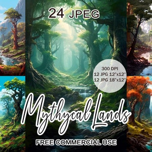 Mythical lands clipart, Fairy tale enchanted forest images bundle, Giant trees elven landscape, Fantasy kingdom artwork, Free commercial use