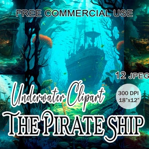 O clipart subaquático do navio pirata, pacote de paisagem de navio afundado sob o mar para design, colagem, impressões, diário, etc., uso comercial gratuito