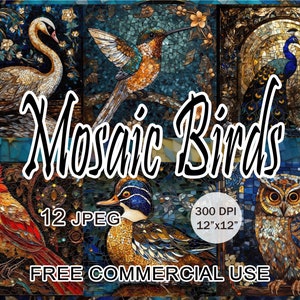 Mosaik Vögel Clipart, Nachtvogel züchtet Bilder, digitale Mosaik-Fliesen-Kunstwerk, hochauflösende druckbare Karten, kostenlose kommerzielle Nutzung