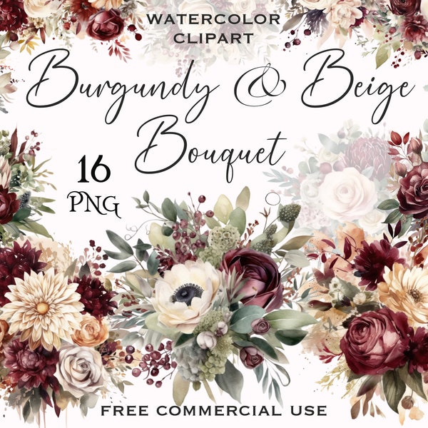 Watercolor Burgundy and beige wedding bouquets clipart, Ranunculus and rose flower arrangement for design etc., Free commmercial use