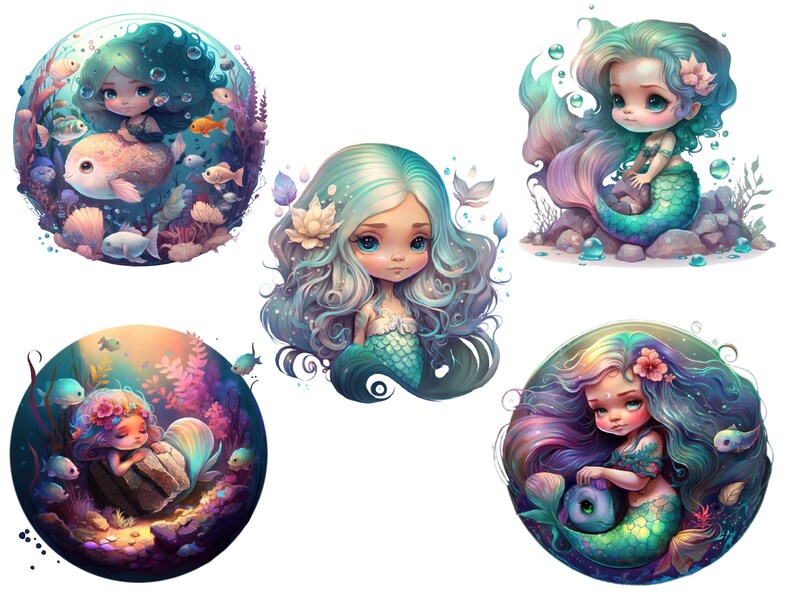 Pu&ograve; includere: Cinque illustrazioni di sirene con code e capelli colorati. Ogni sirena &egrave; circondata da bolle e piante sottomarine. Le sirene hanno occhi grandi e indossano conchiglie.