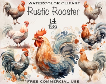 Watercolor rooster PNG bundle, Watercolor chicken clipart, Farm animal clipart, Digital chicken art, Rooster Art Digital Download