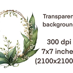 Pu&ograve; includere: Un'illustrazione ad acquerello di una ghirlanda fatta di foglie verdi e fiori bianchi. La ghirlanda &egrave; su uno sfondo trasparente. L'immagine &egrave; di 7x7 pollici e 300 dpi.