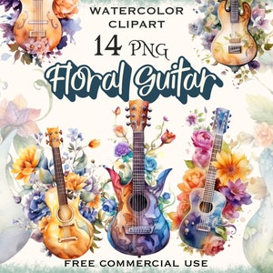 Floral guitar PNG bunbdle, Watercolor clipart, Flower guitar art, Digital guitar art, guitar sticker png, guitar player art, music png