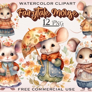 Fairytale Mouse PNG bundle, Mouse watercolor clipart, Watercolor animals png, Cute mice png, Mouse painting fairy clipart, Fantasy clipart