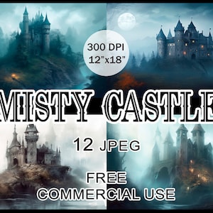 Misty Castle clipart, Medieval Castle Halloween bundle, Mystical Gothic landscape images for design, collage, prints, Free commercial use