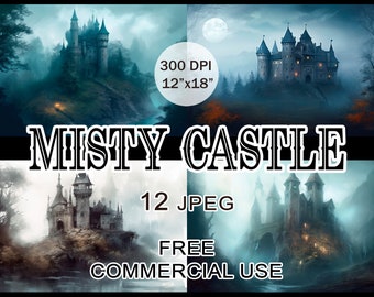 Misty Castle clipart, Medieval Castle Halloween bundle, Mystical Gothic landscape images for design, collage, prints, Free commercial use