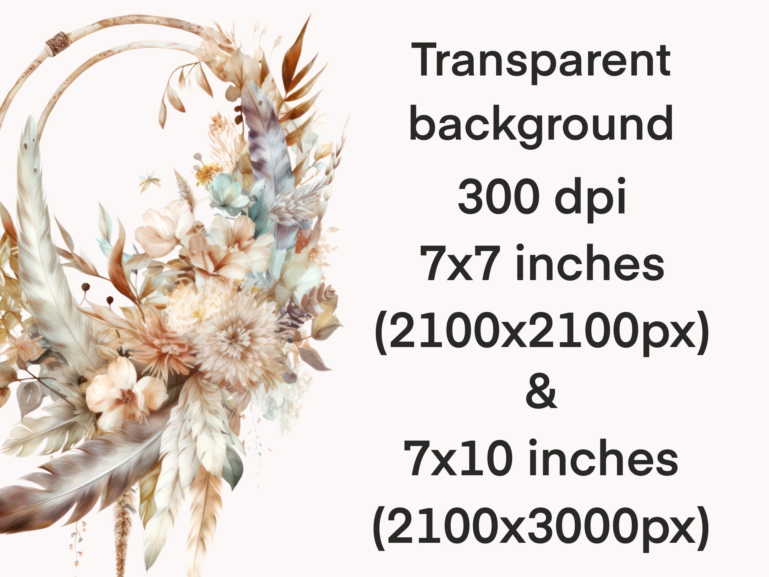 Neutral Boho Flower Wreath Clipart, Wedding Bouquet With Feathers Png ...