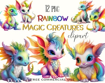 Rainbow Magic Creatures clipart, Fantasy mythical animals cute images bundle for design, collage, scrapboking etc., Free commercial use