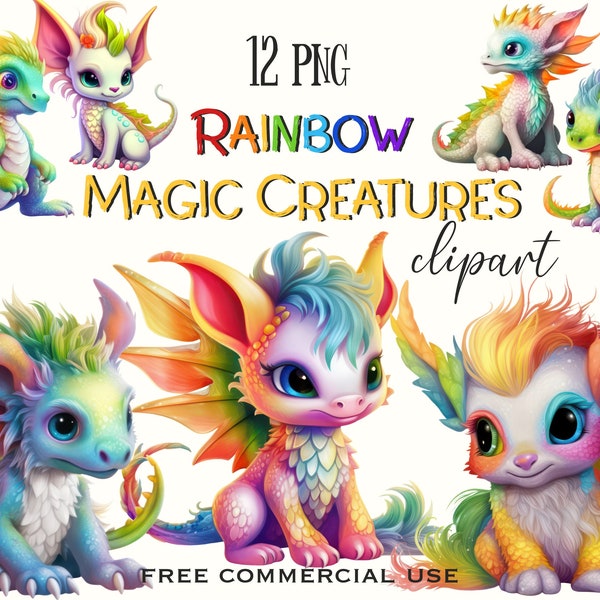Imágenes prediseñadas de Rainbow Magic Creatures, paquete de imágenes lindas de animales míticos de fantasía para diseño, collage, scrapboking, etc., uso comercial gratuito